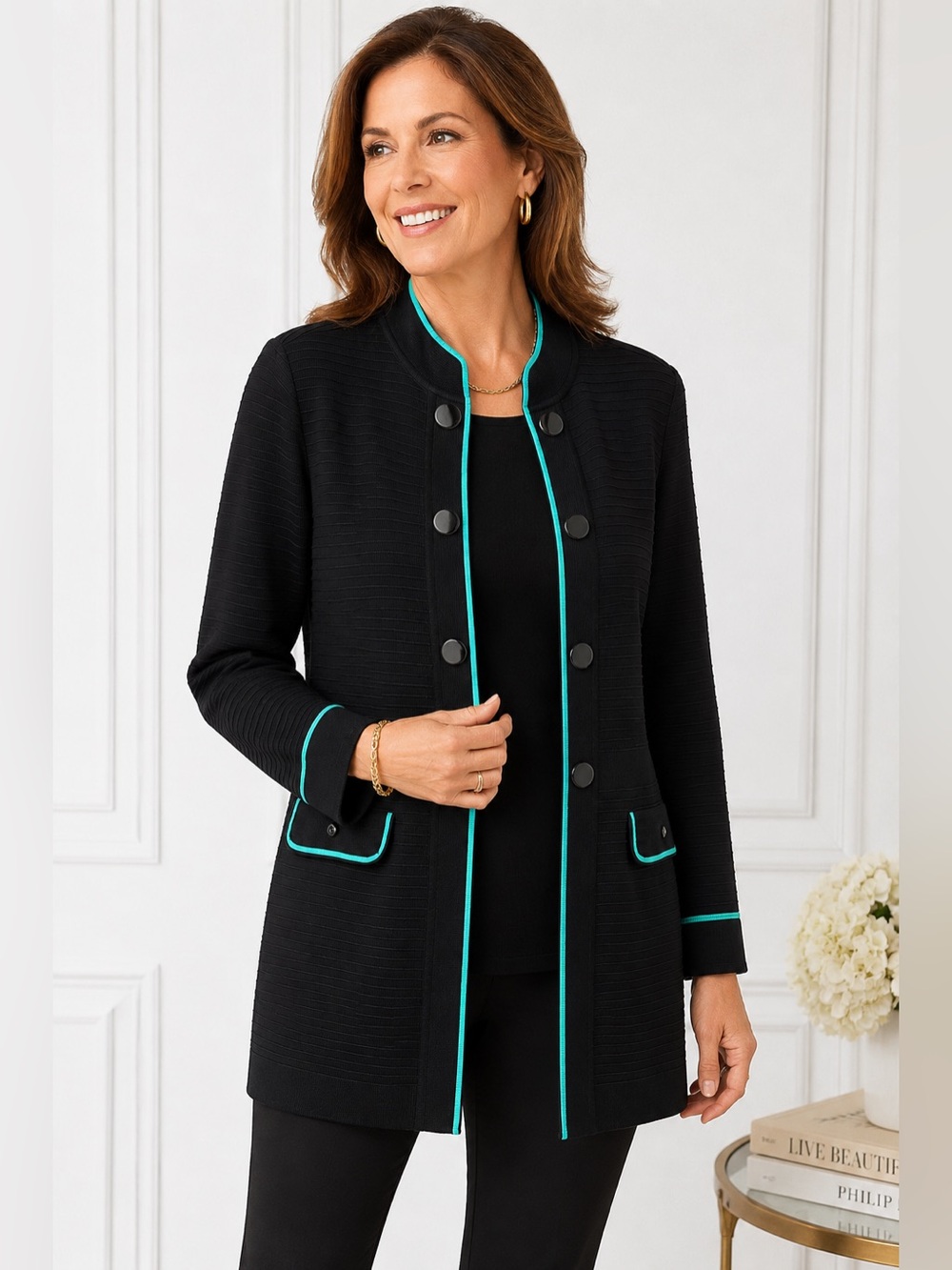 Ming Wang Black Travel Knit Jacket Teal Trim Long Cardigan quiet luxury M NWOT - Picture 1 of 9